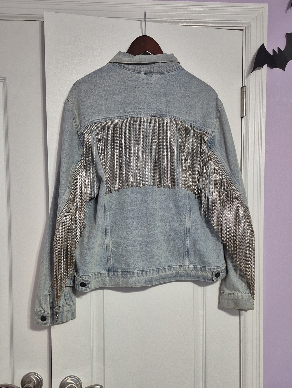 DANIEL X DIAMOND Women's Light Wash Denim Jacket with Silver Diamond Fringe